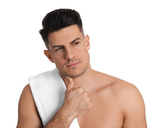 Handsome man with stubble before shaving on white background
