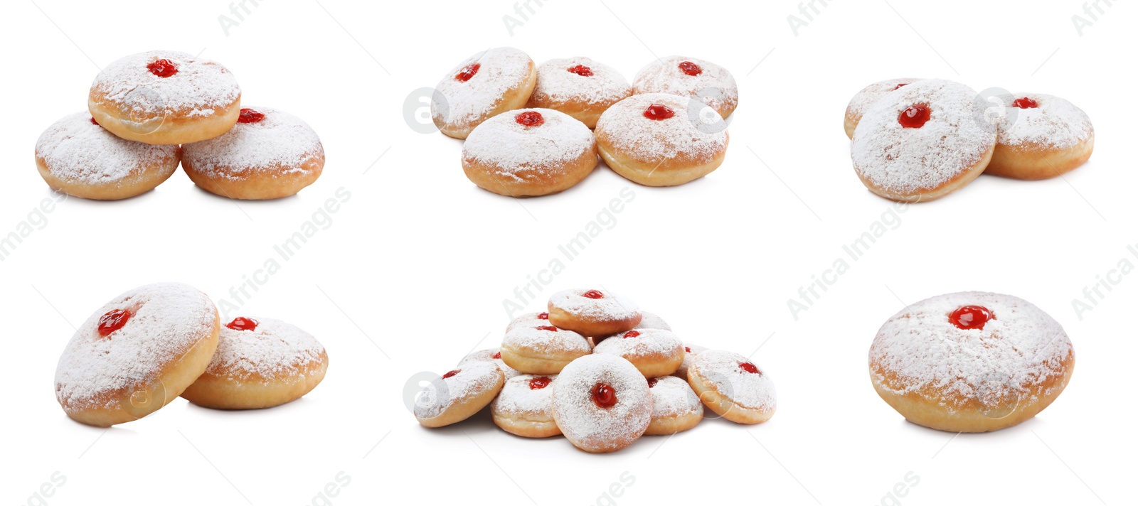 Image of Delicious donuts with jelly and powdered sugar on white background, collage. Banner design