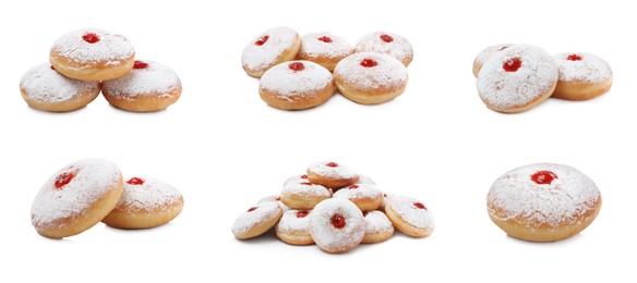 Image of Delicious donuts with jelly and powdered sugar on white background, collage. Banner design