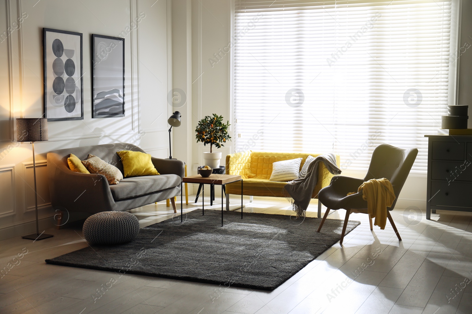 Photo of Stylish living room with sofas. Interior design in grey and yellow colors