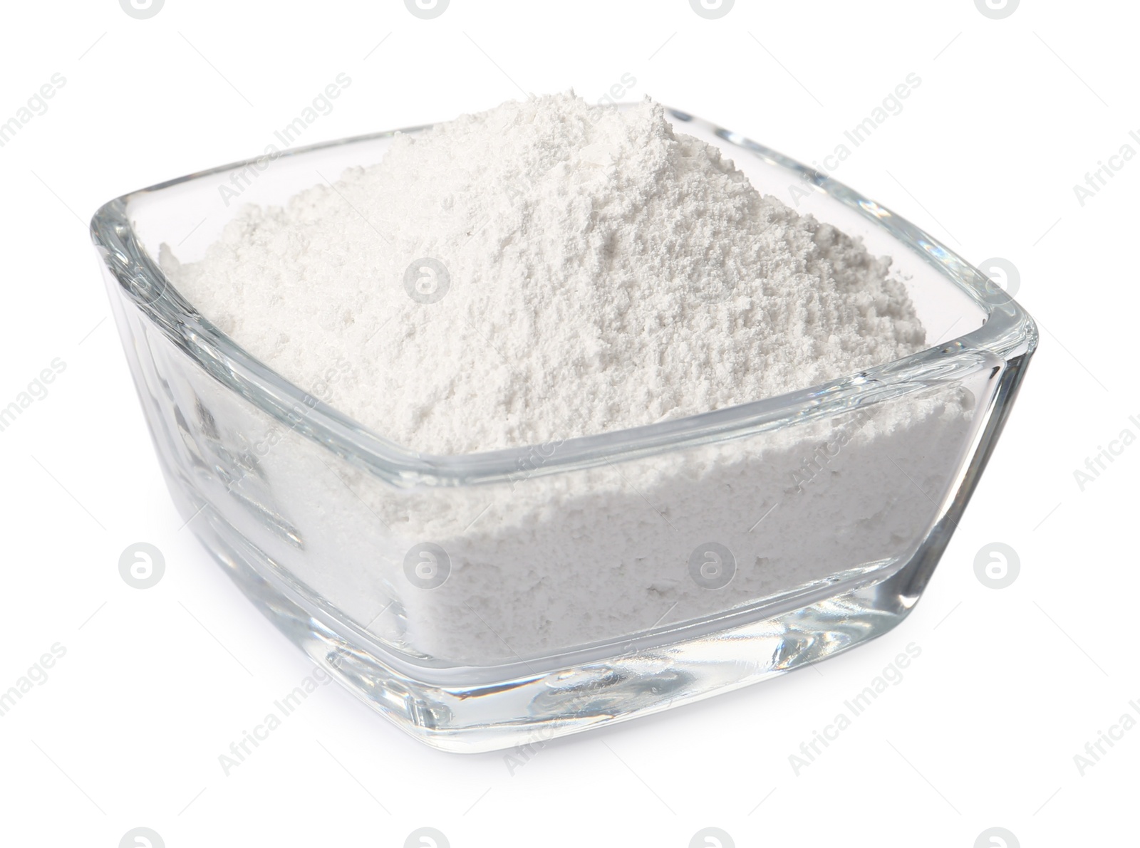 Photo of Glass bowl of tooth powder on white background