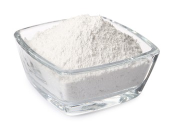 Photo of Glass bowl of tooth powder on white background