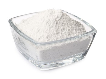 Glass bowl of tooth powder on white background