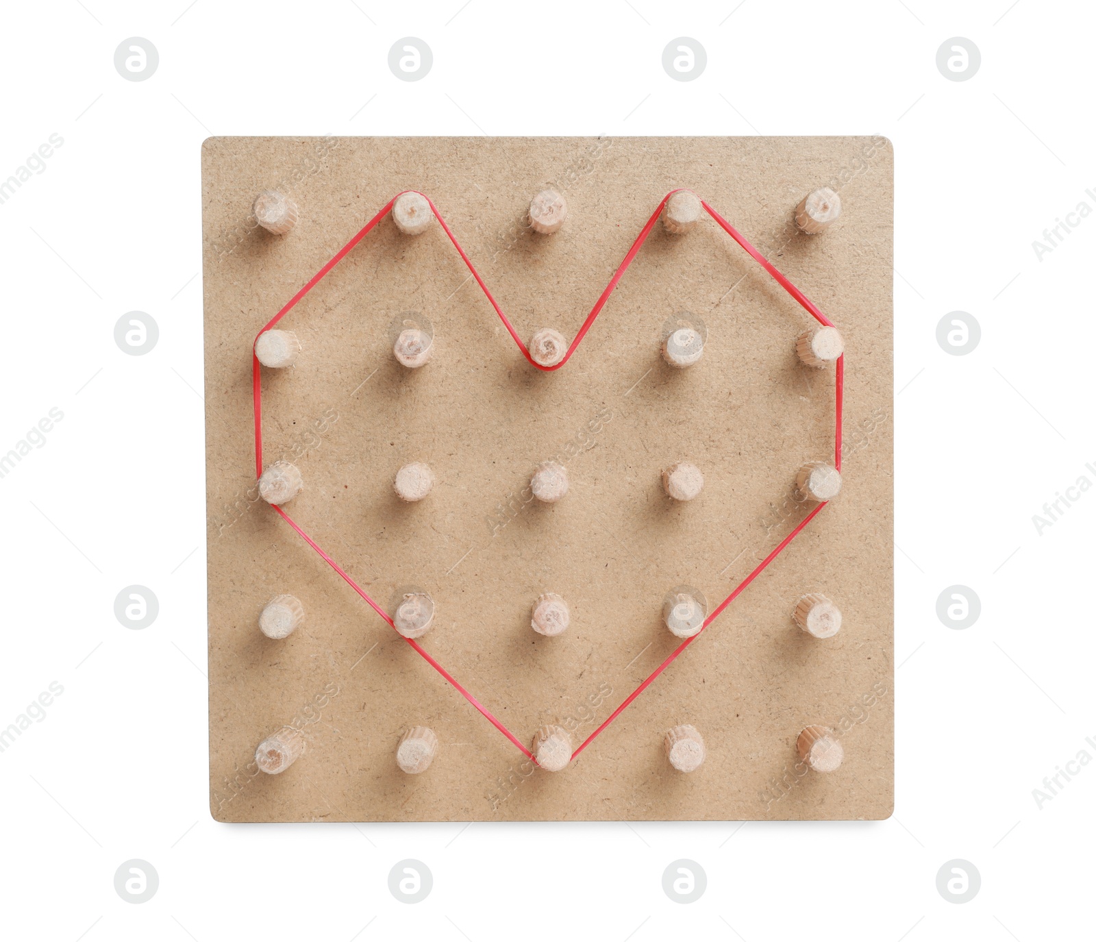 Photo of Wooden geoboard with heart made of rubber band isolated on white. Educational toy for motor skills development