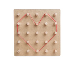 Photo of Wooden geoboard with heart made of rubber band isolated on white. Educational toy for motor skills development