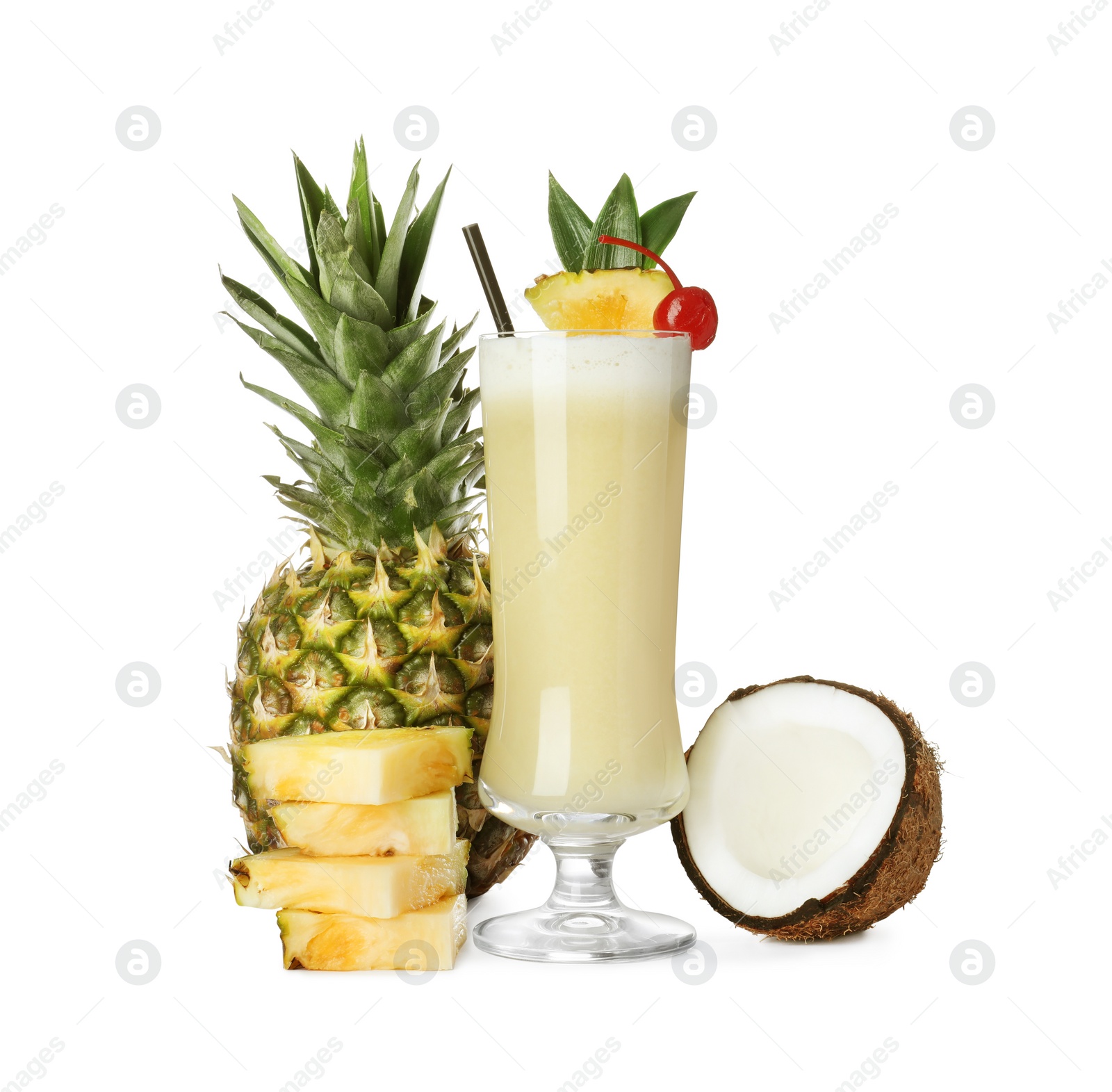 Photo of Tasty Pina Colada cocktail and ingredients on white background
