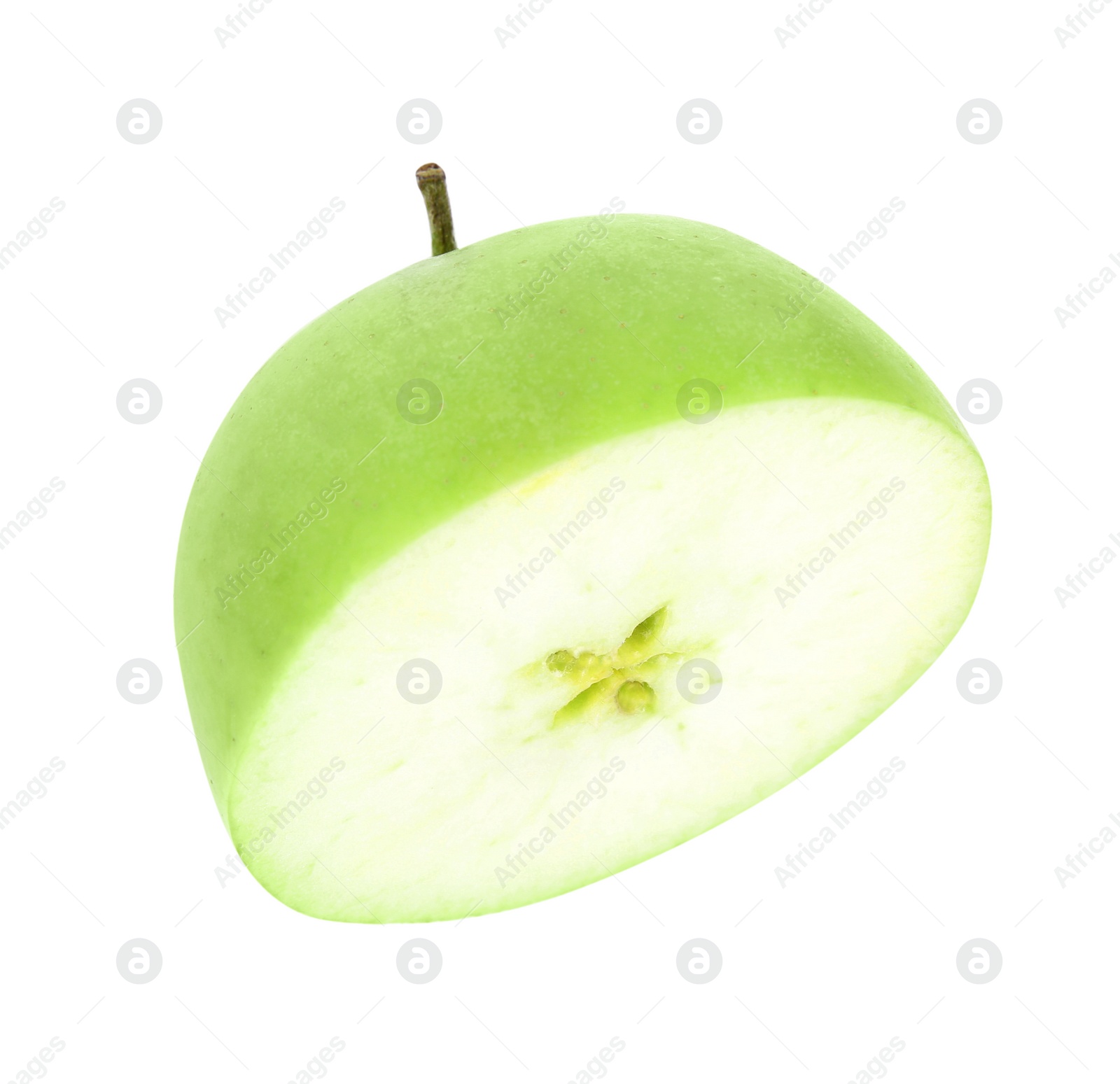 Photo of Half of fresh green apple on white background