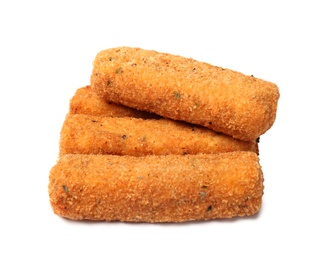 Pile of tasty cheese sticks isolated on white