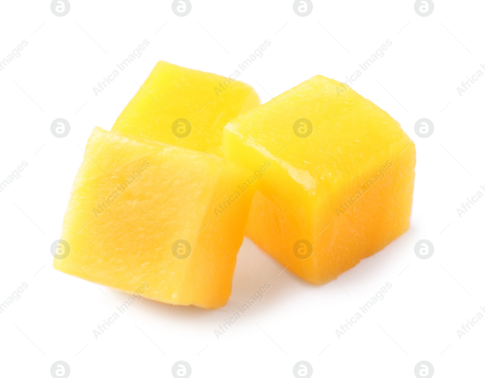 Photo of Fresh juicy mango cubes isolated on white