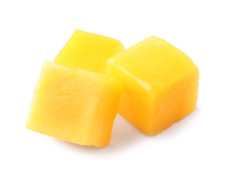 Photo of Fresh juicy mango cubes isolated on white