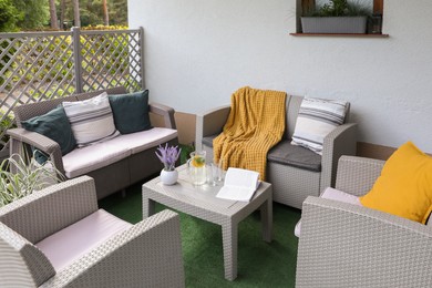 Beautiful terrace with comfortable furniture in yard