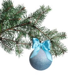 Photo of Light blue shiny Christmas ball on fir tree branch against white background