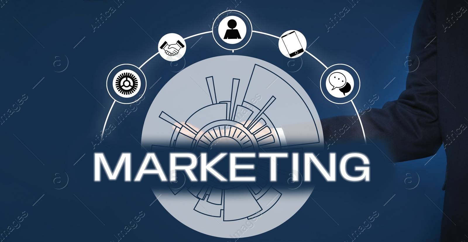 Image of Businessman showing digital screen with marketing icons on blue background, closeup. Banner design