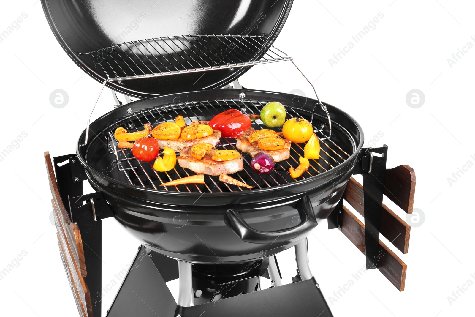 Photo of Modern barbecue grill with tasty food on white background