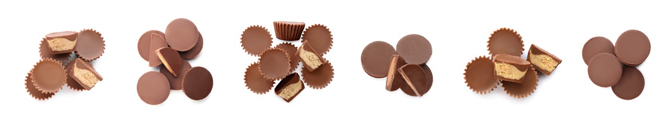 Image of Set with delicious peanut butter cups on white background, top view. Banner design 