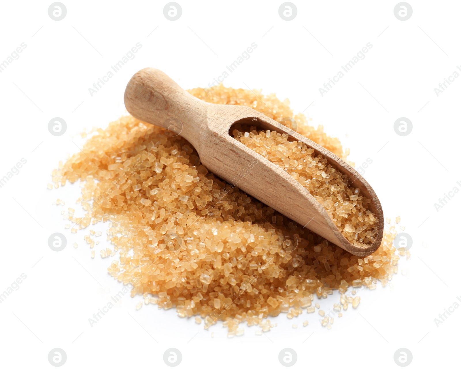 Photo of Wooden scoop with brown sugar on white background