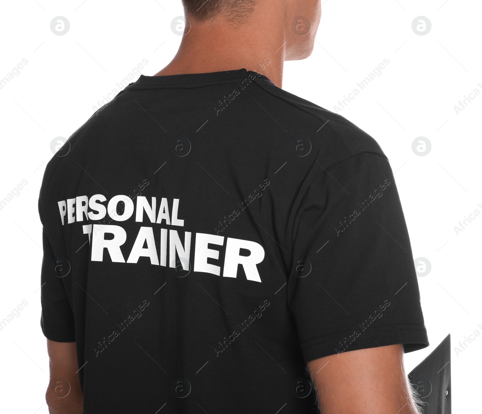 Photo of Personal trainer on white background, back view. Gym instructor