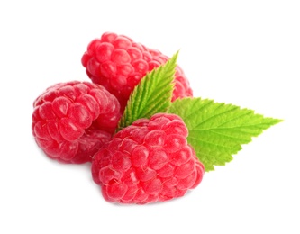 Photo of Delicious ripe sweet raspberries with leaves isolated on white