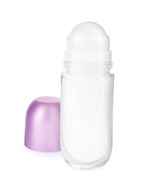 Photo of Blank glass deodorant container on white background