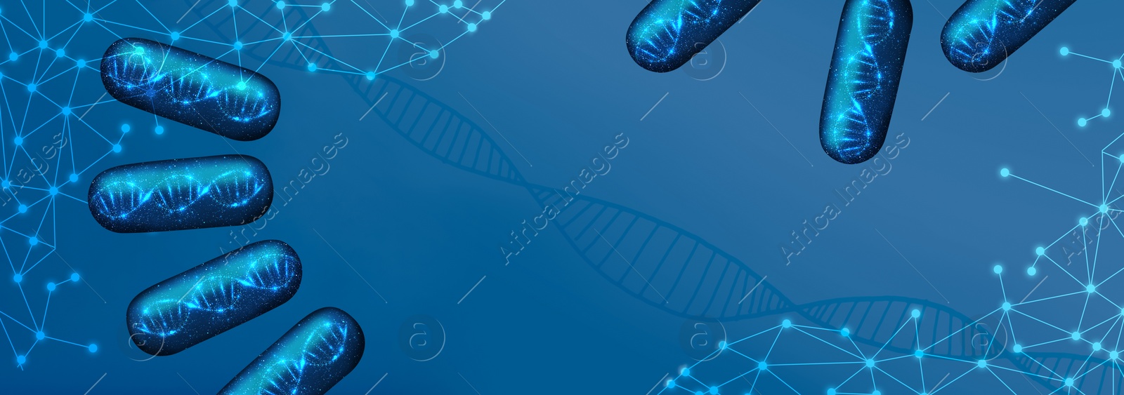 Image of Capsules with DNA molecule on blue background, banner design. Illustration