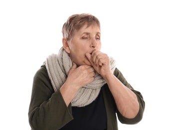 Photo of Elderly woman suffering from cough on white background