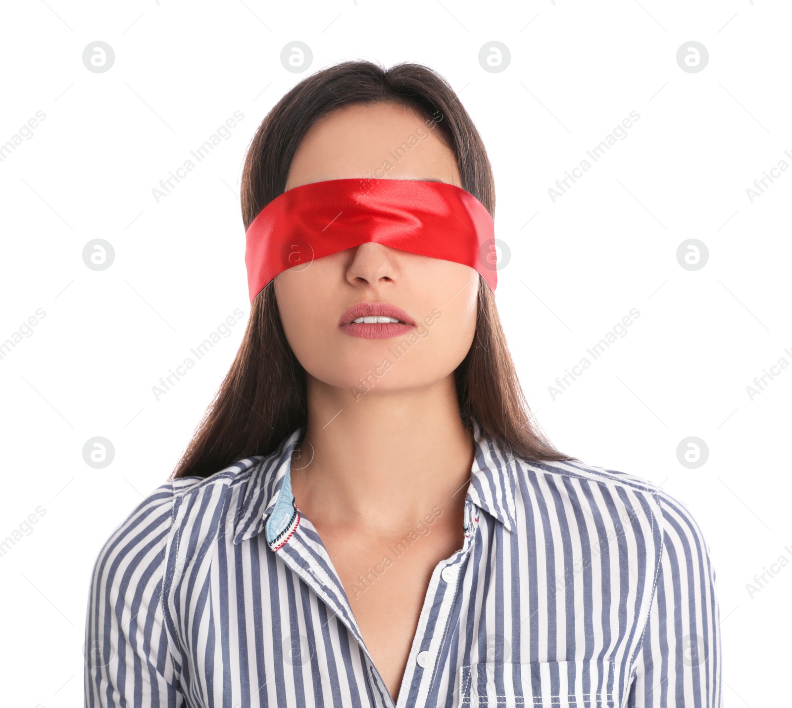 Photo of Young woman wearing red blindfold on white background