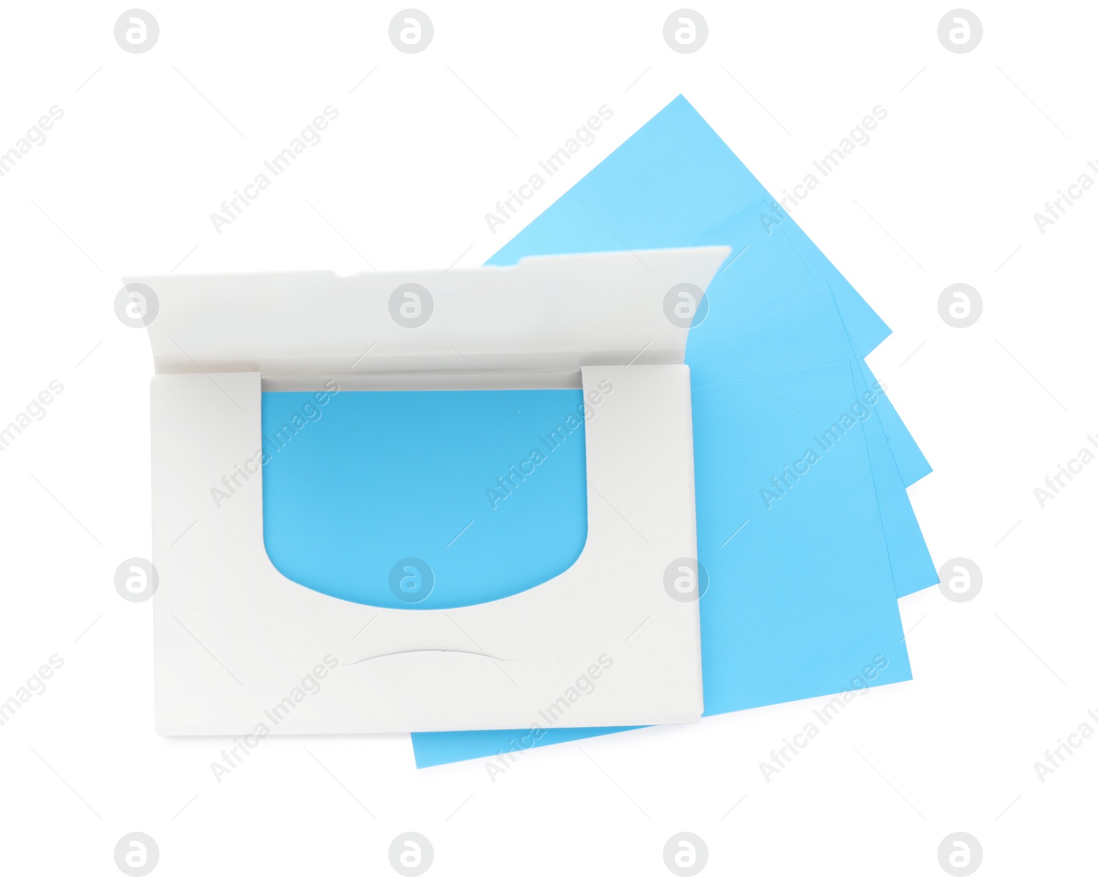 Photo of Package of facial oil blotting tissues on white background, top view. Mattifying wipes