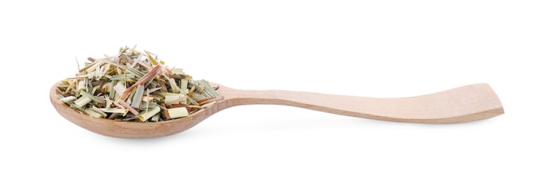 Photo of Wooden spoon of aromatic dried lemongrass isolated on white