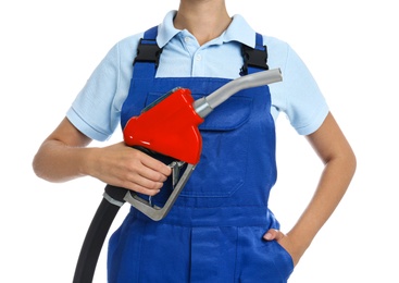 Photo of Gas station worker with fuel nozzle on white background, closeup