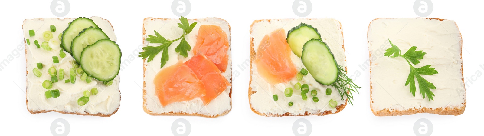 Image of Top view of toasted bread with tasty cream cheese, salmon and cucumber on white background, collage. Banner design