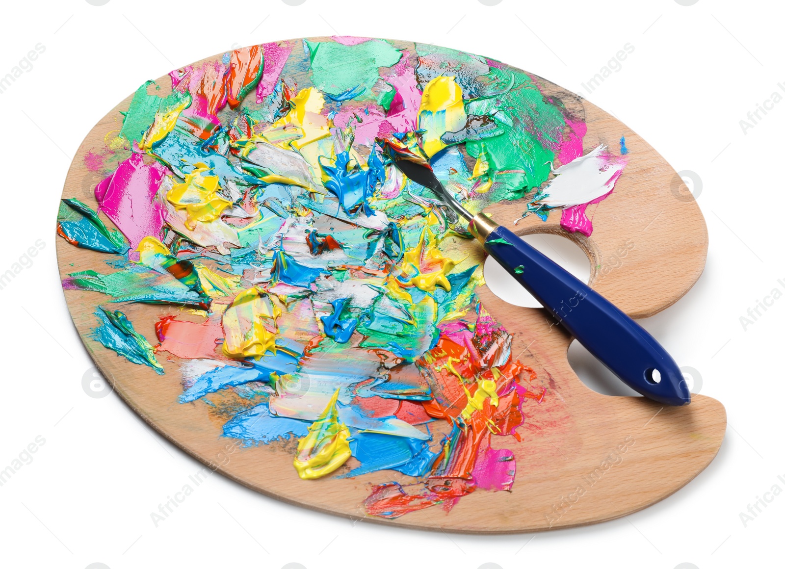 Photo of Palette with paints and spatula on white background. Artist equipment