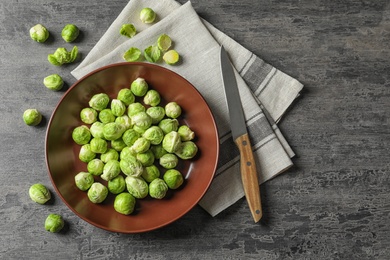 Plate of fresh Brussels sprouts, napkin and knife on grey background, top view with space for text