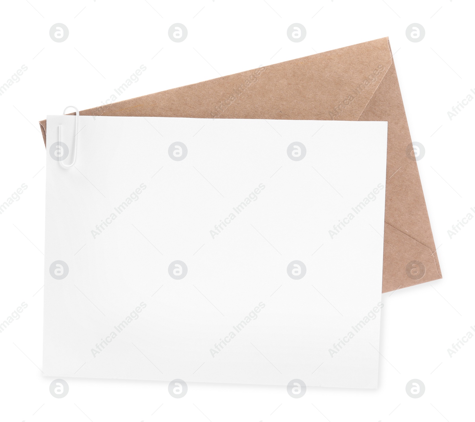 Photo of Blank card and red letter envelope on white background