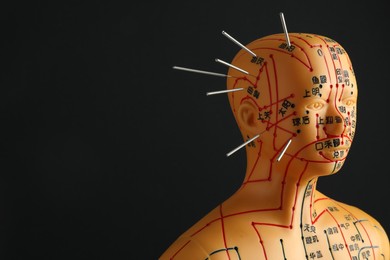 Photo of Acupuncture - alternative medicine. Human model with needles in head on black background, space for text