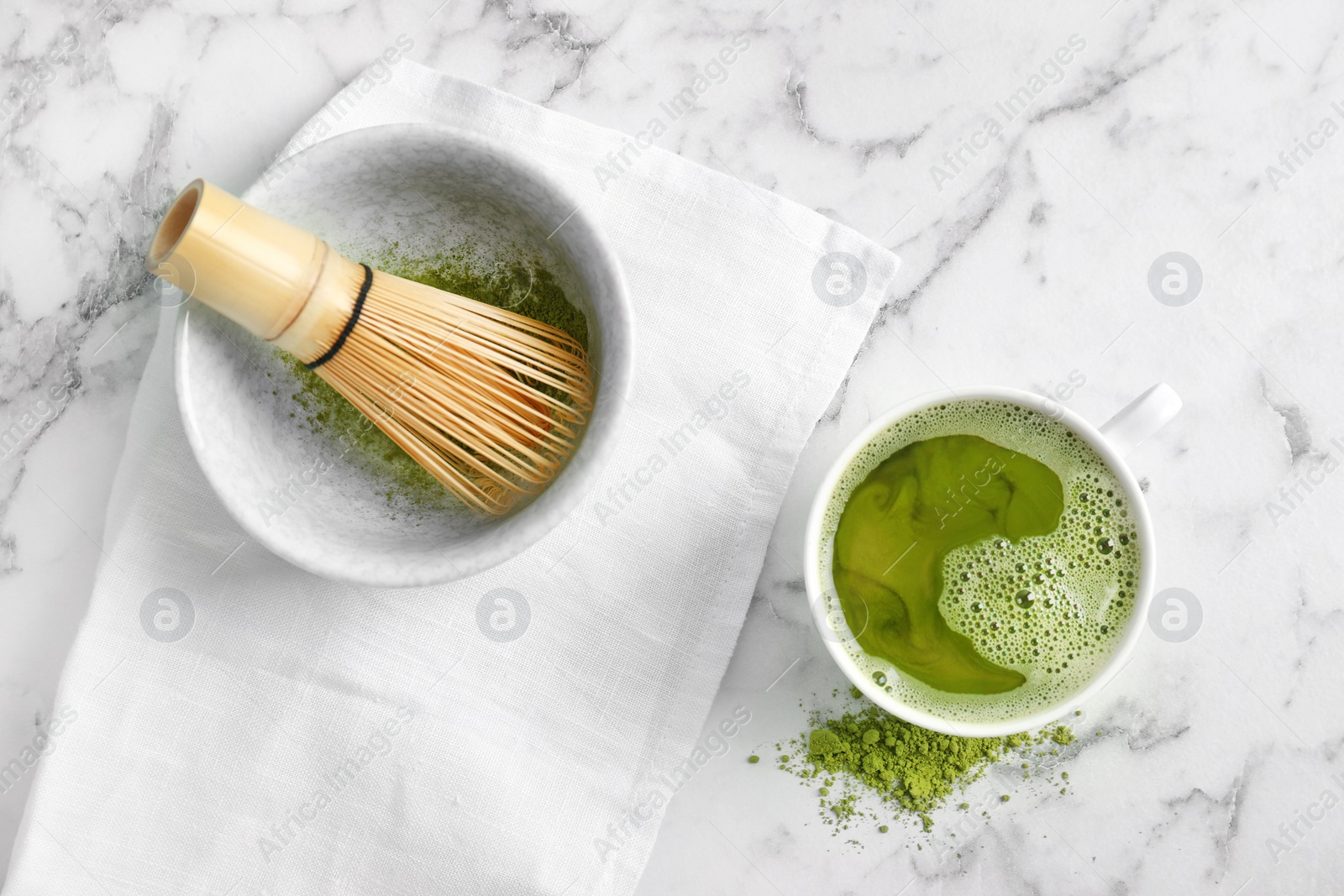 Photo of Flat lay composition with matcha tea on marble background