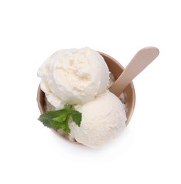 Photo of Paper cup with tasty ice cream and mint leaves isolated on white, top view
