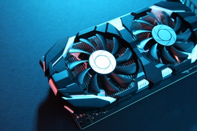 Photo of Computer graphics card on color background, closeup