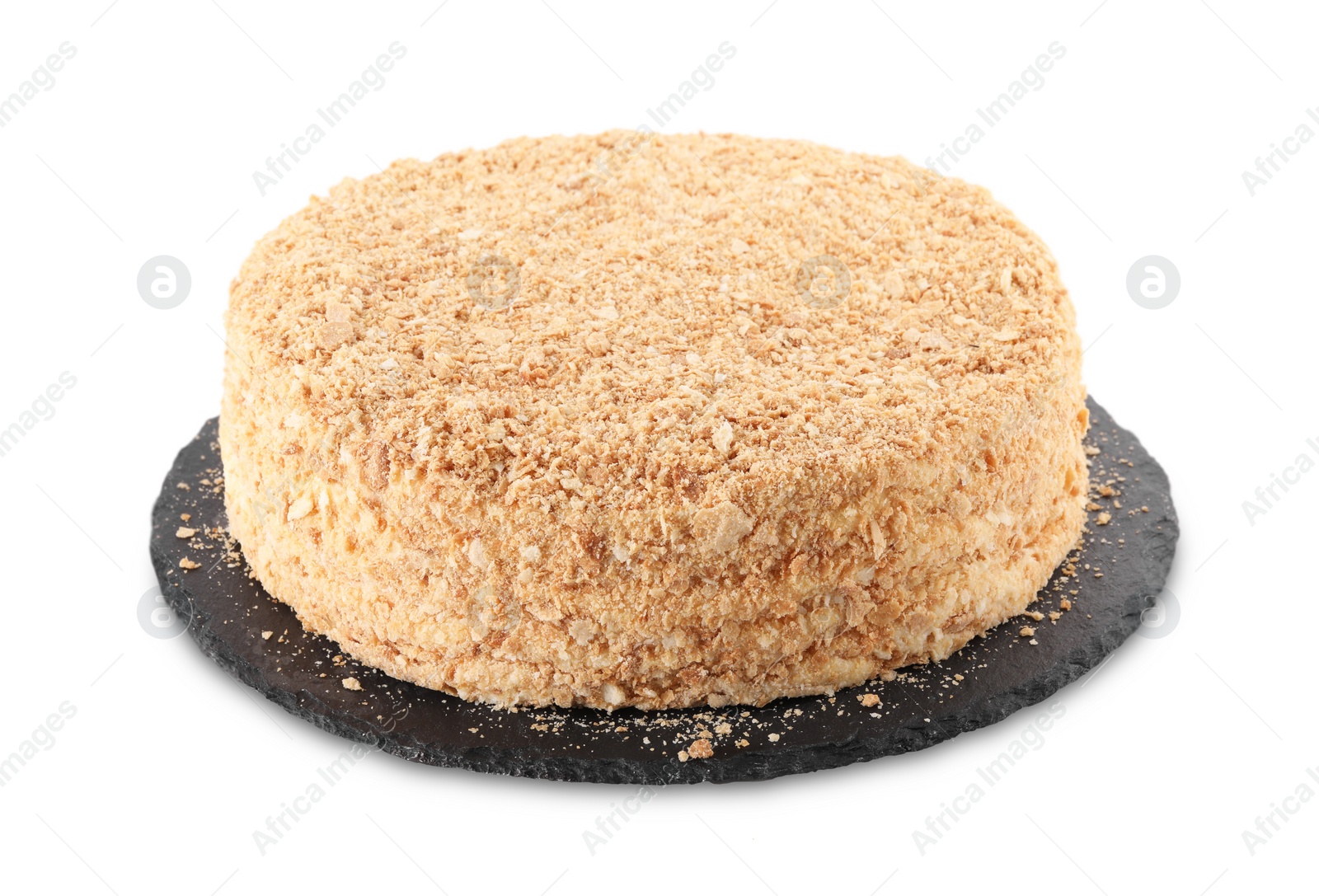 Photo of Delicious freshly baked Napoleon cake isolated on white