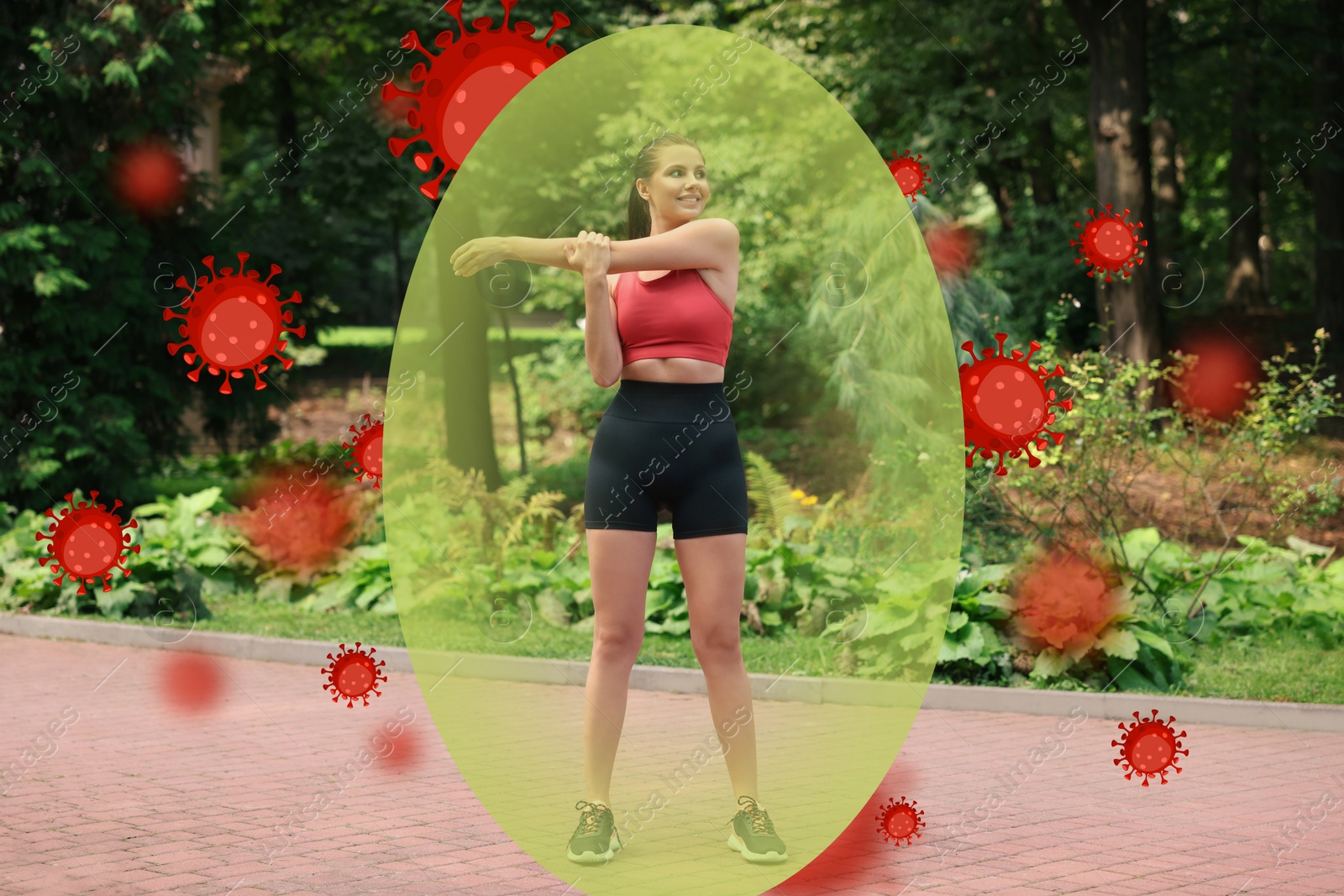 Image of Woman with strong immunity doing exercise outdoors. Bubble around her blocking viruses, illustration