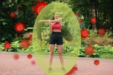 Woman with strong immunity doing exercise outdoors. Bubble around her blocking viruses, illustration