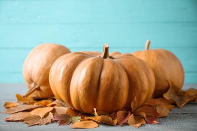 Photo of Ripe pumpkins on table against blue wooden background. Holiday decoration
