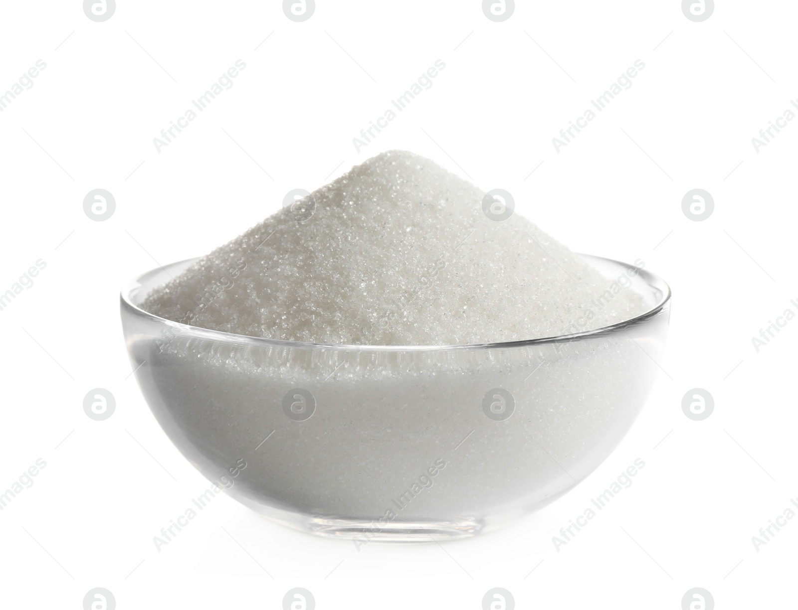 Photo of Granulated sugar in bowl isolated on white