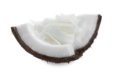 Tasty fresh coconut flakes isolated on white