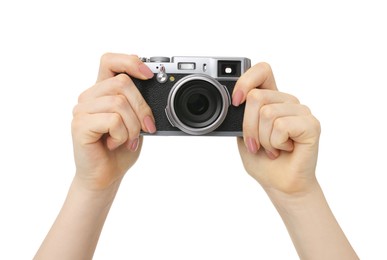 Photographer with camera on white background, closeup