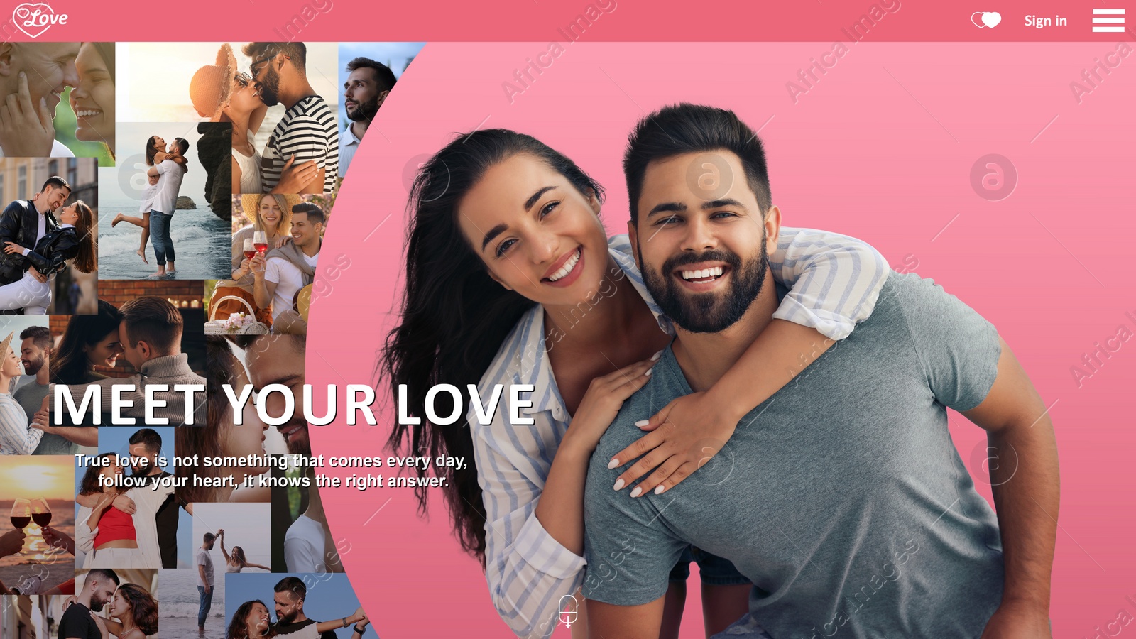 Image of Design of interface for online dating site. Home page with photos of happy couples