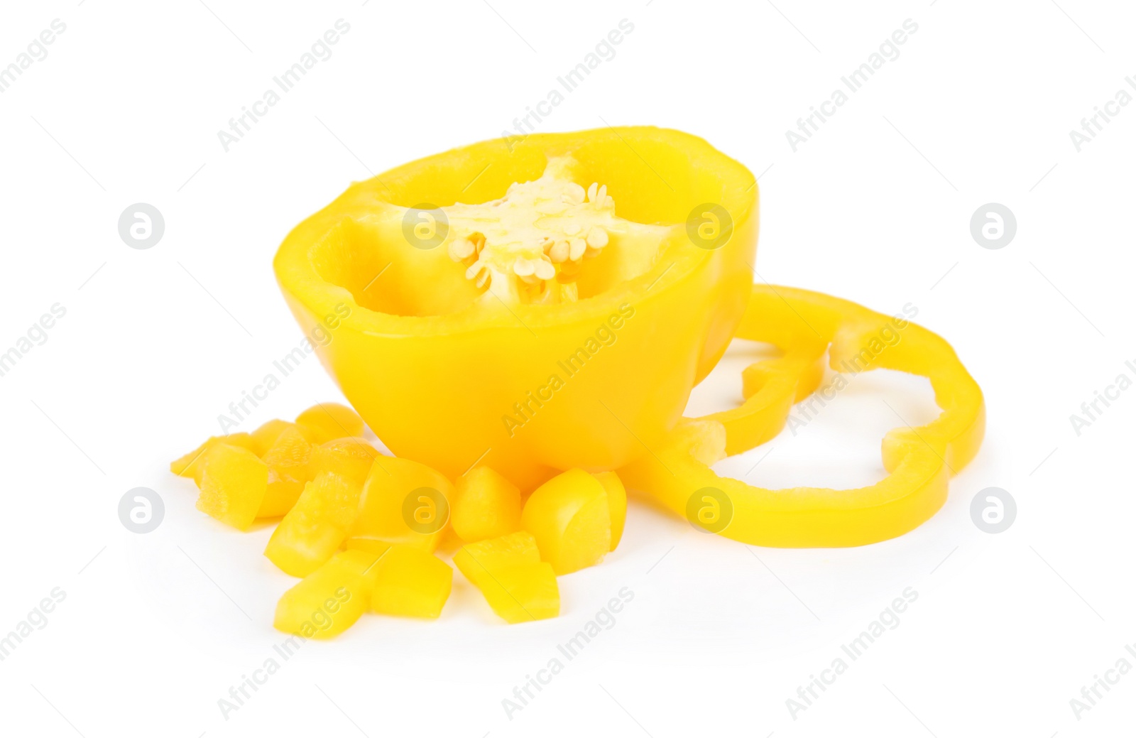 Photo of Cut yellow bell pepper isolated on white