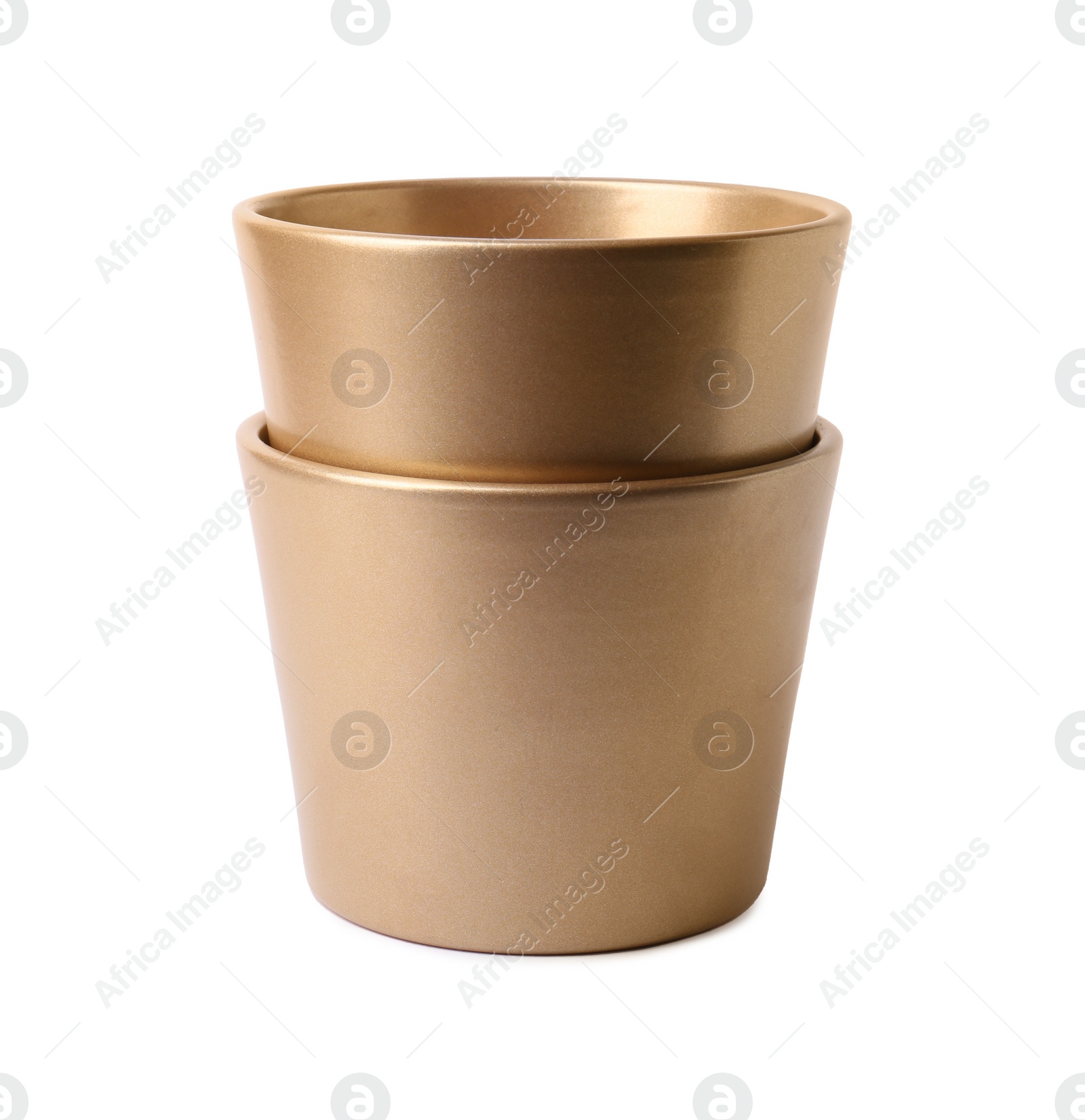 Photo of Golden empty ceramic flower pots on white background