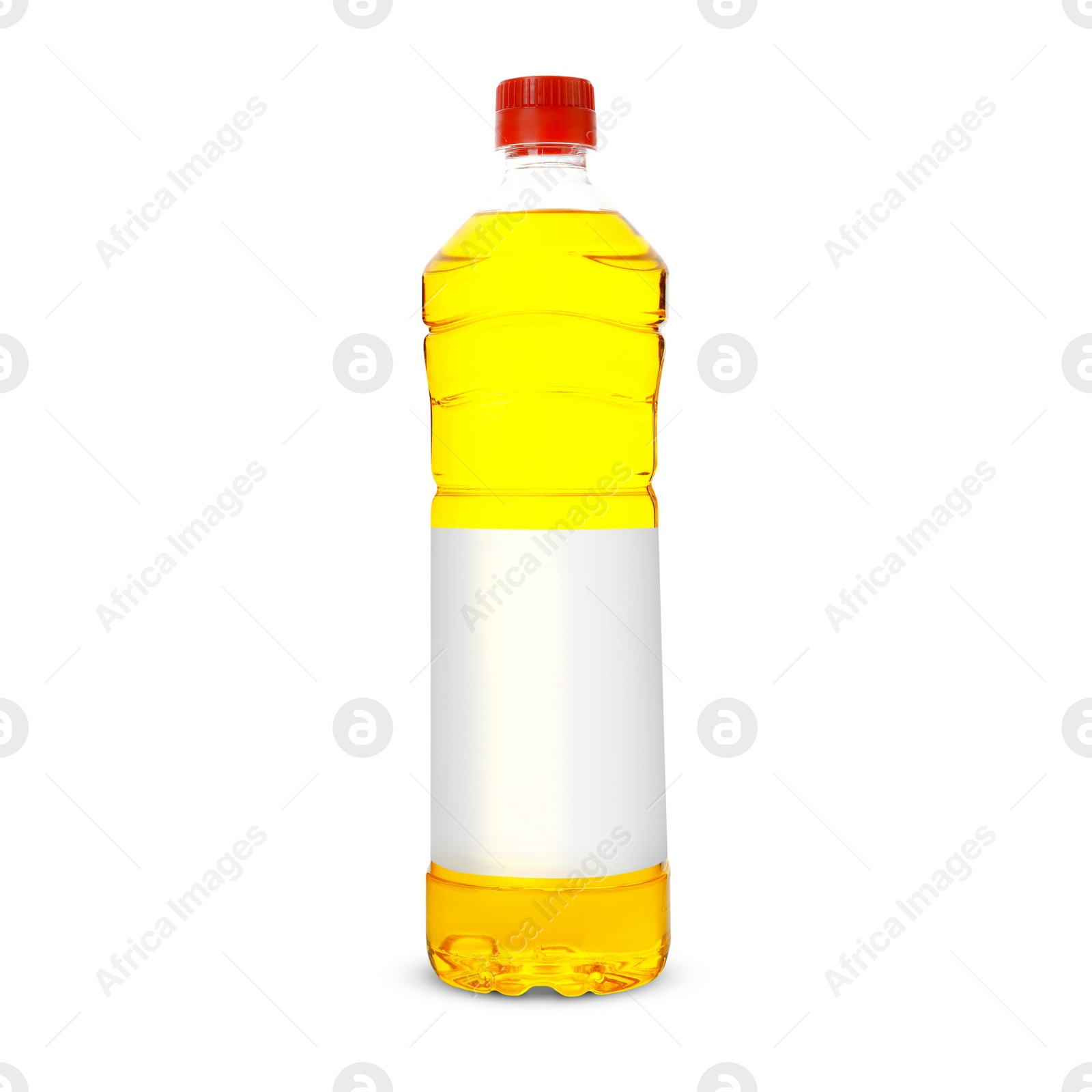 Image of Cooking oil in plastic bottle with empty label isolated on white. Mockup for design