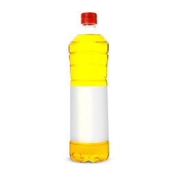 Image of Cooking oil in plastic bottle with empty label isolated on white. Mockup for design