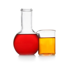 Photo of Chemistry glassware with color samples isolated on white